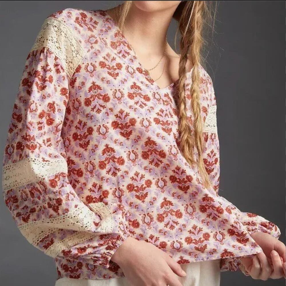 ANTHROPOLOGIE Eze Sur Mer Pink Lace Detail Pullover Yvonne Blouse Top Size L